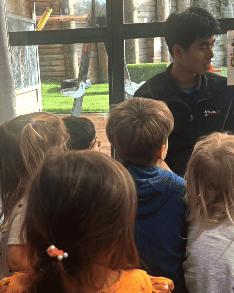 A childcare teacher reading a book to a group of children
